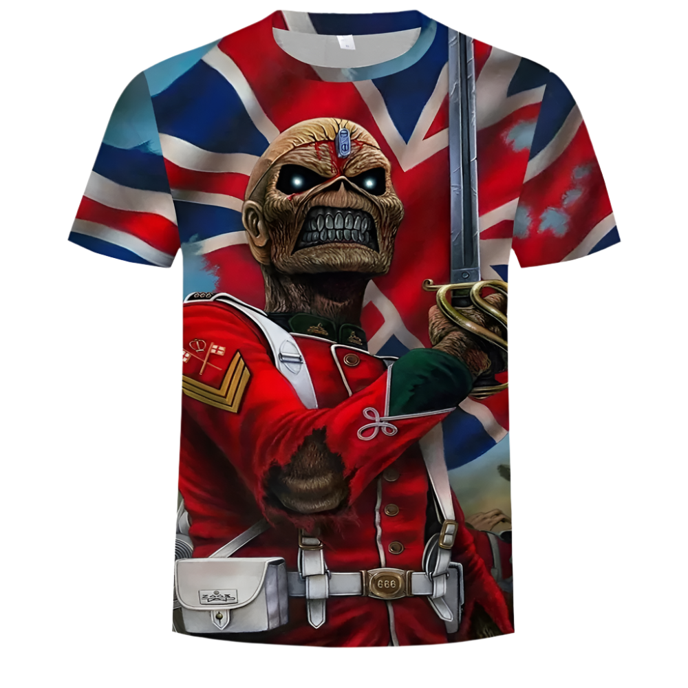 T-shirt with a graphic design of a character in military uniform and British flag background