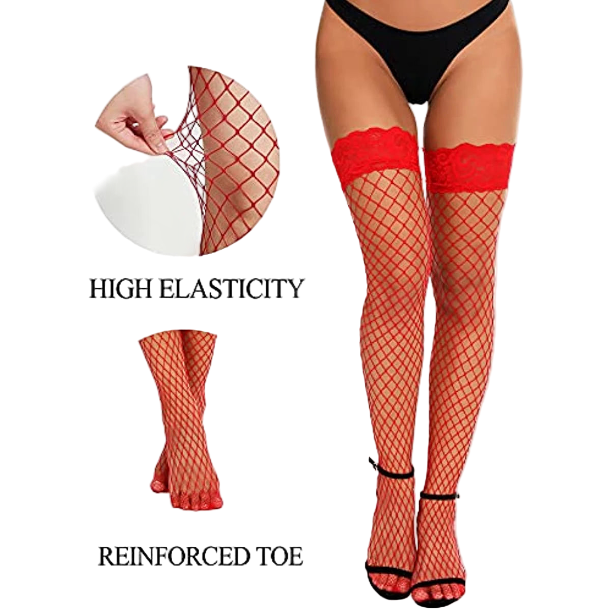 Red fishnet stockings with red lace top and black reinforced toe, on a white background.