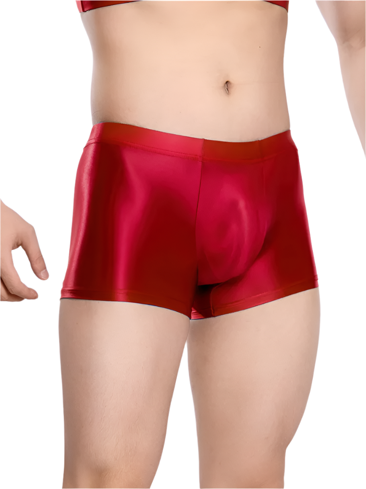 Glossy men's boxer briefs with U pouch design in candy colors for resort comfort wear