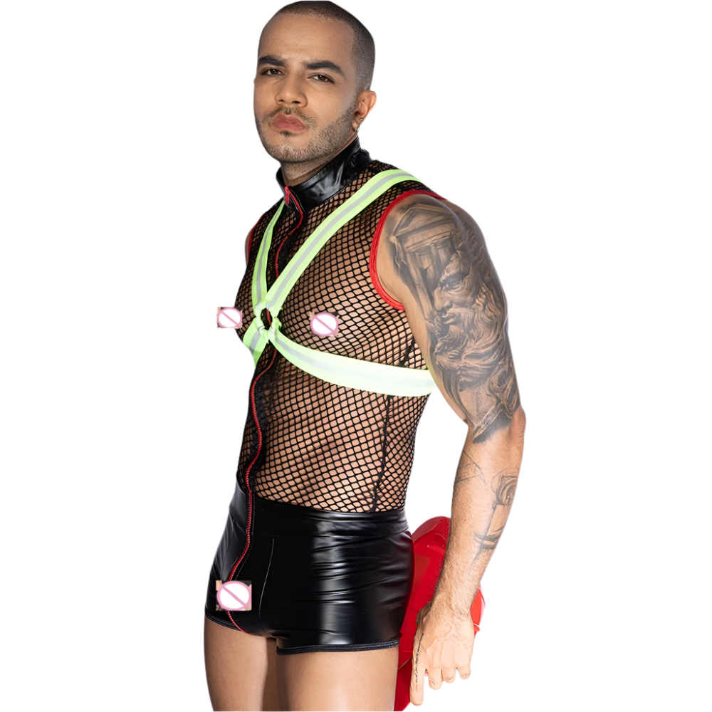 3-piece firefighter role-play set with net top, faux leather bodysuit, and light-up hat for men's resort costume wear