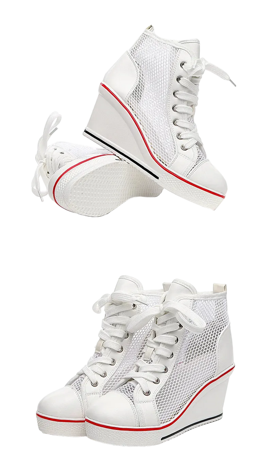 White high-top wedge sneakers with red accents on a white background