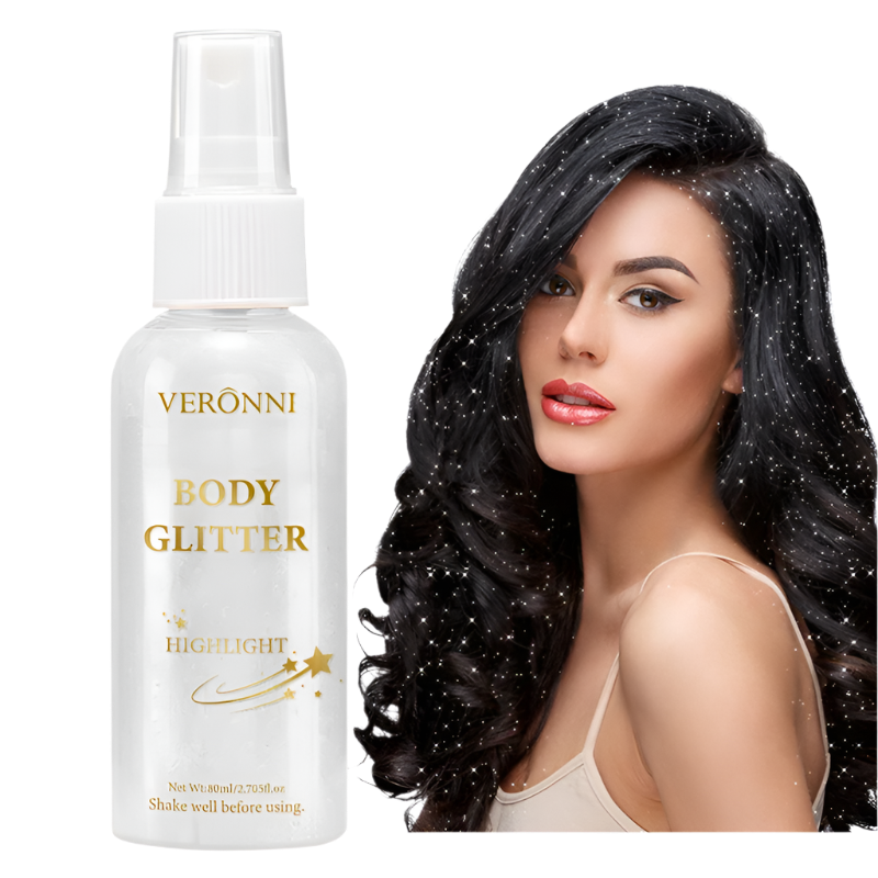 Veronni body glitter bottle with a woman with glittery hair on a white background