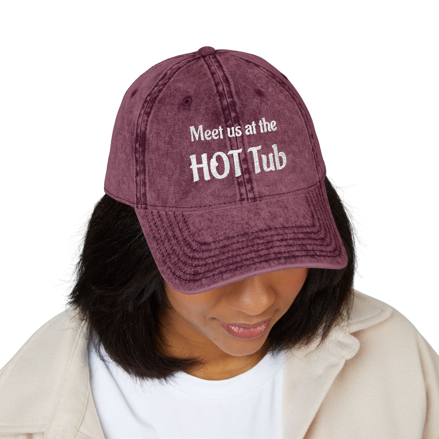 Embroidered 'Meet Us at the HOT Tub' Vintage Cap — Distressed Red Baseball Hat