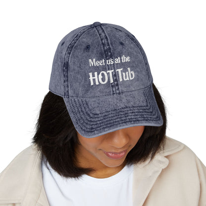 Embroidered 'Meet Us at the HOT Tub' Vintage Cap — Distressed Red Baseball Hat