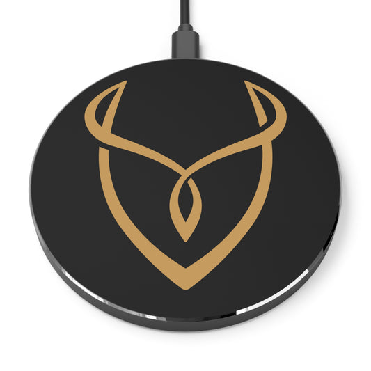 Black wireless charging pad with gold logo on a white background