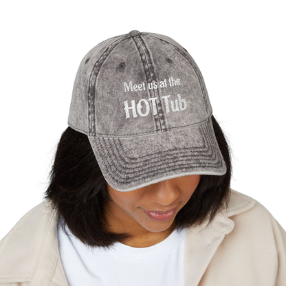 Embroidered 'Meet Us at the HOT Tub' Vintage Cap — Distressed Red Baseball Hat