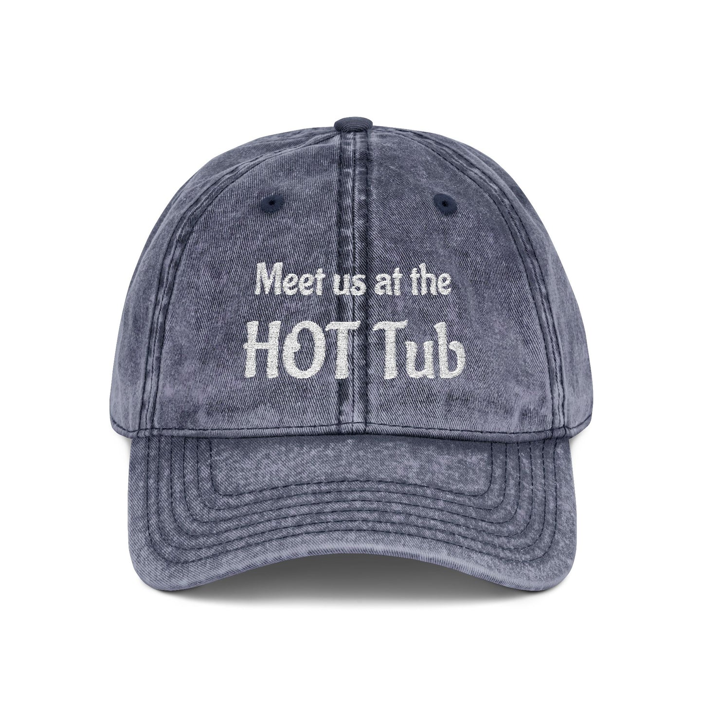 Embroidered 'Meet Us at the HOT Tub' Vintage Cap — Distressed Red Baseball Hat