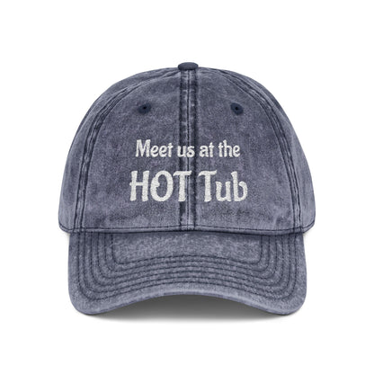Embroidered 'Meet Us at the HOT Tub' Vintage Cap — Distressed Red Baseball Hat