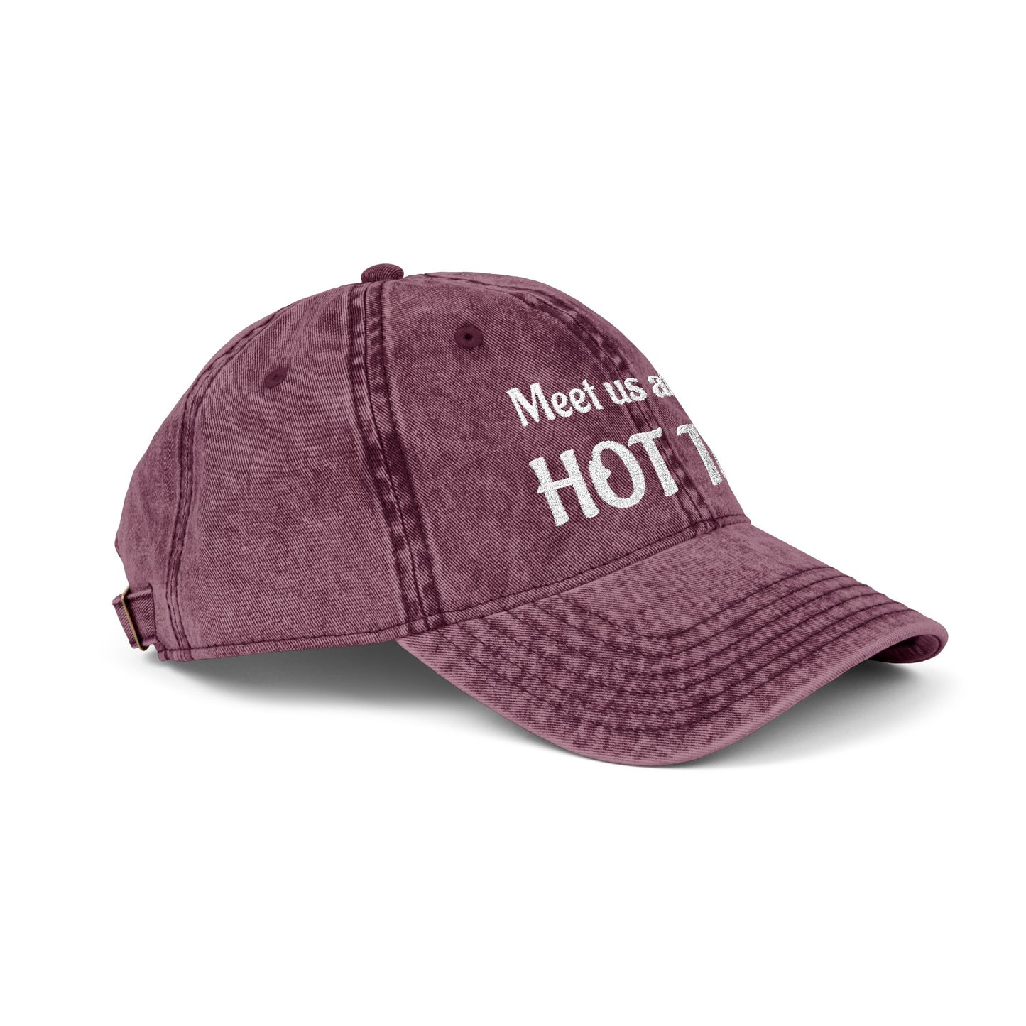 Embroidered 'Meet Us at the HOT Tub' Vintage Cap — Distressed Red Baseball Hat
