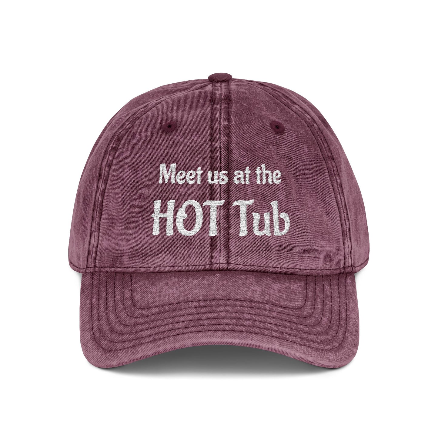 Embroidered 'Meet Us at the HOT Tub' Vintage Cap — Distressed Red Baseball Hat