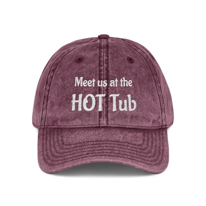 Embroidered 'Meet Us at the HOT Tub' Vintage Cap — Distressed Red Baseball Hat