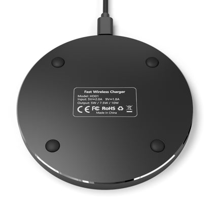 Black wireless charger with label on a white background