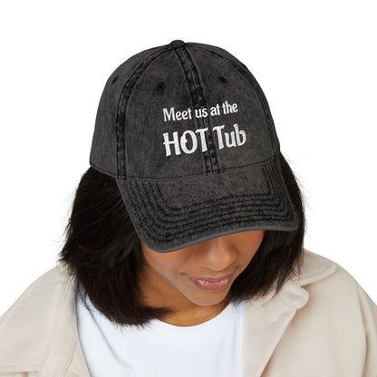Embroidered 'Meet Us at the HOT Tub' Vintage Cap — Distressed Red Baseball Hat
