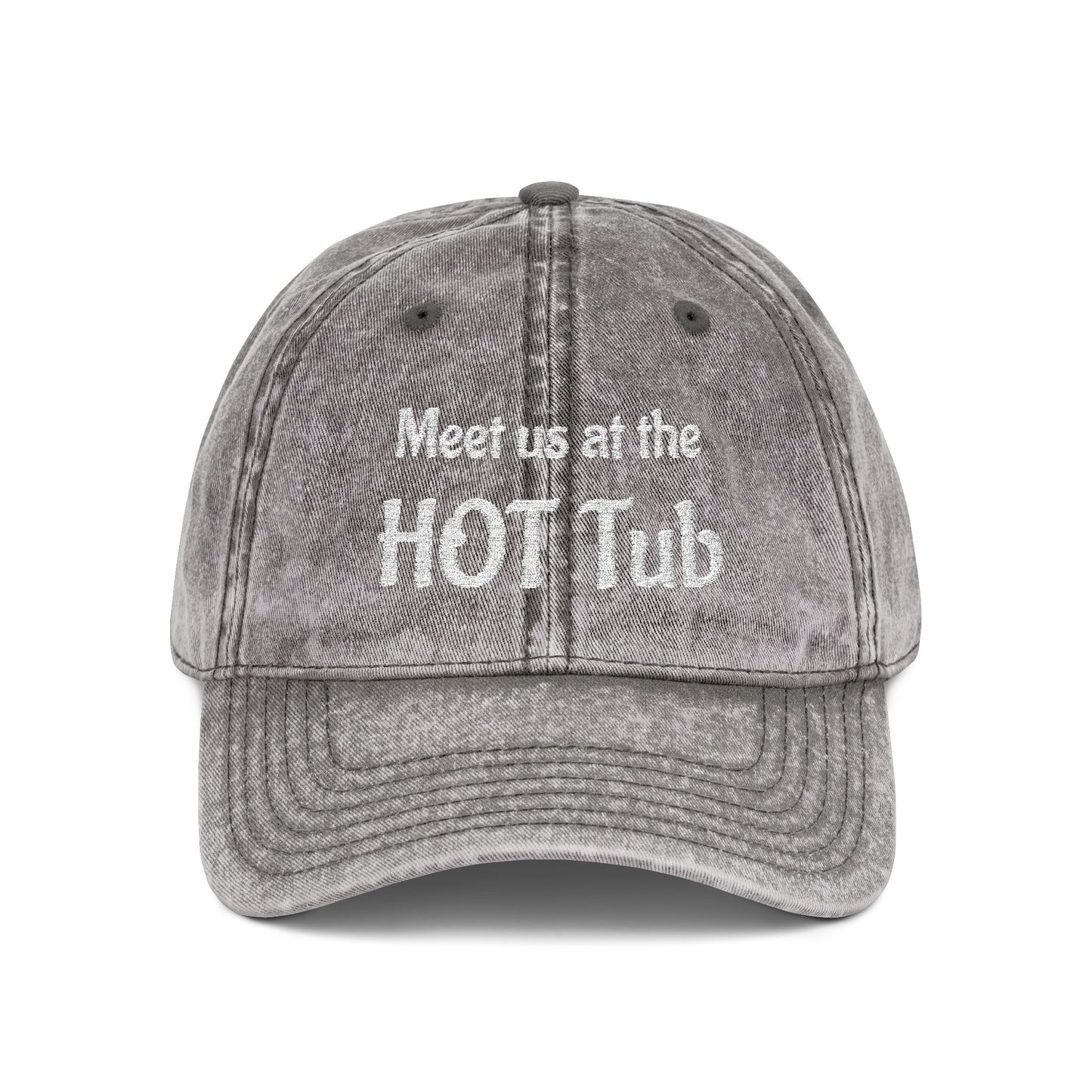 Embroidered 'Meet Us at the HOT Tub' Vintage Cap — Distressed Red Baseball Hat