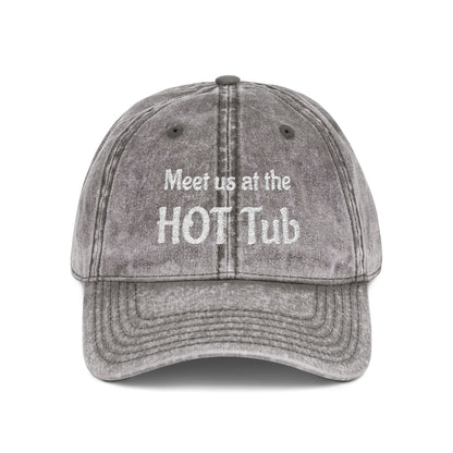Embroidered 'Meet Us at the HOT Tub' Vintage Cap — Distressed Red Baseball Hat
