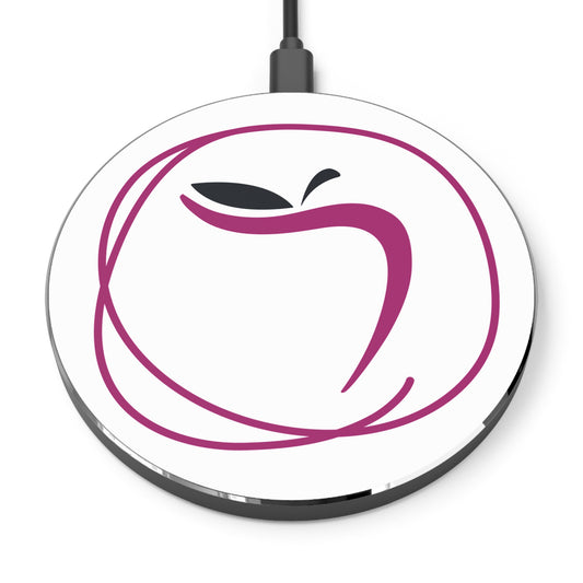 Round white device with a pink apple logo on a white background