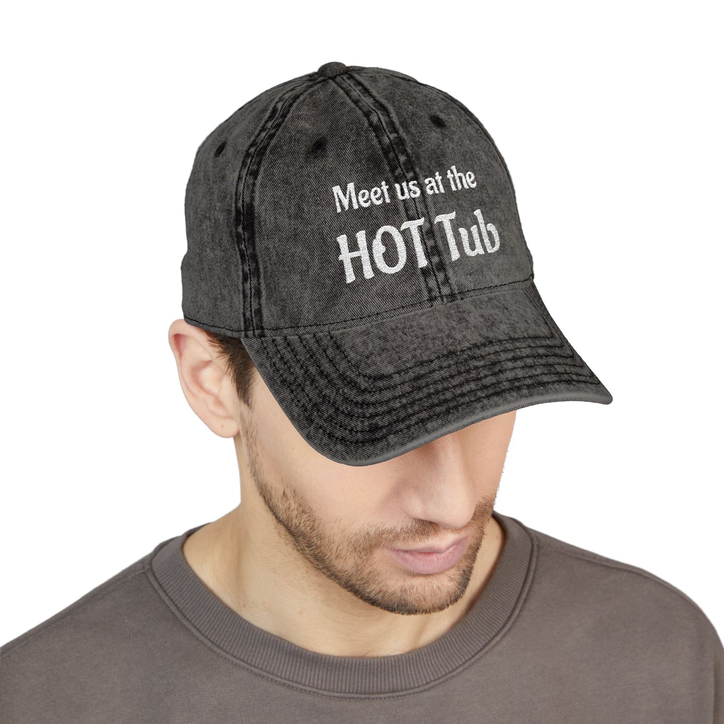 Embroidered 'Meet Us at the HOT Tub' Vintage Cap — Distressed Red Baseball Hat