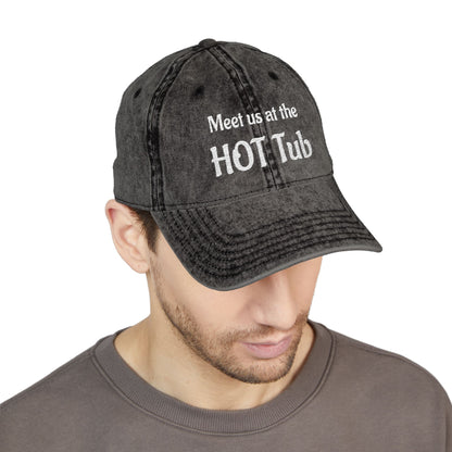 Embroidered 'Meet Us at the HOT Tub' Vintage Cap — Distressed Red Baseball Hat