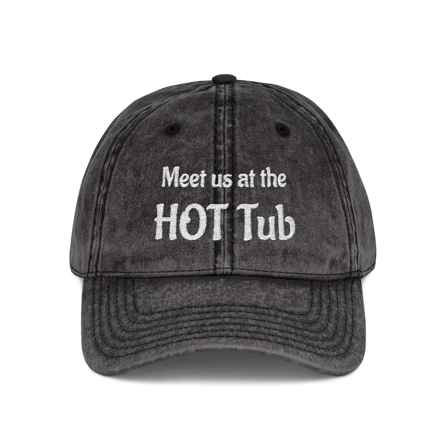 Embroidered 'Meet Us at the HOT Tub' Vintage Cap — Distressed Red Baseball Hat