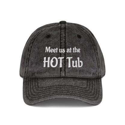 Embroidered 'Meet Us at the HOT Tub' Vintage Cap — Distressed Red Baseball Hat