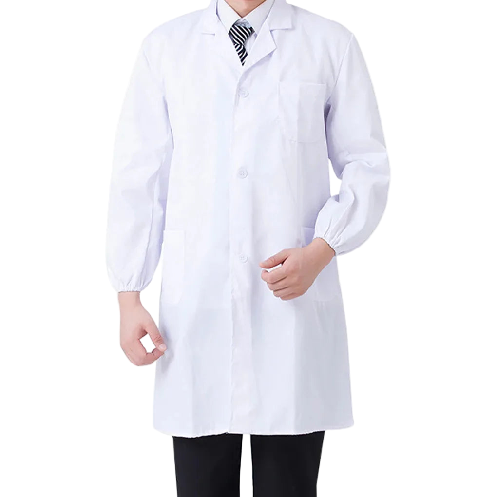 Person wearing a white lab coat on a white background