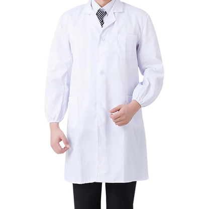 Person wearing a white lab coat on a white background