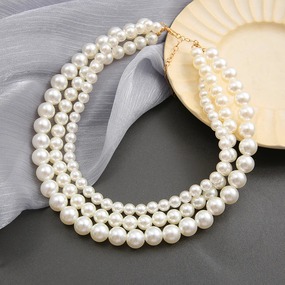 Trendy Vintage Multi Layer Pearl Choker Necklace for Women Fashion Simple 6--13mm Pearl Collar Necklace Wedding Party Jewelry