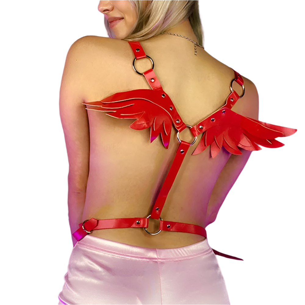 punk angel wings red PU leather harness belt with gothic fairy kawaii design for Halloween festival resort entertainment
