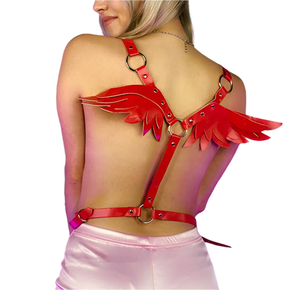 punk angel wings red PU leather harness belt with gothic fairy kawaii design for Halloween festival resort entertainment