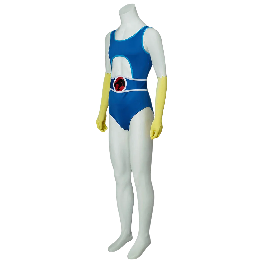 Blue Superhero Costume: A blue bodysuit with a bold emblem on the chest, paired with yellow gloves, inspired by a classic superhero design.