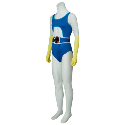 Blue Superhero Costume: A blue bodysuit with a bold emblem on the chest, paired with yellow gloves, inspired by a classic superhero design.