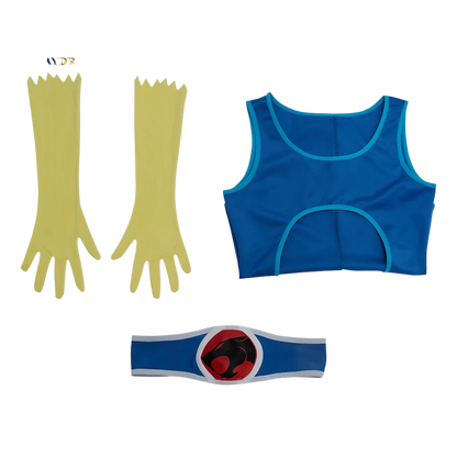 Blue Superhero Costume: A blue bodysuit with a bold emblem on the chest, paired with yellow gloves, inspired by a classic superhero design.