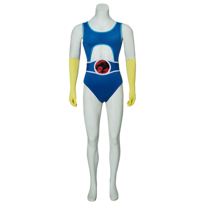 Blue Superhero Costume: A blue bodysuit with a bold emblem on the chest, paired with yellow gloves, inspired by a classic superhero design.