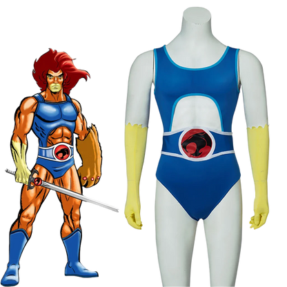 Blue Superhero Costume: A blue bodysuit with a bold emblem on the chest, paired with yellow gloves, inspired by a classic superhero design.