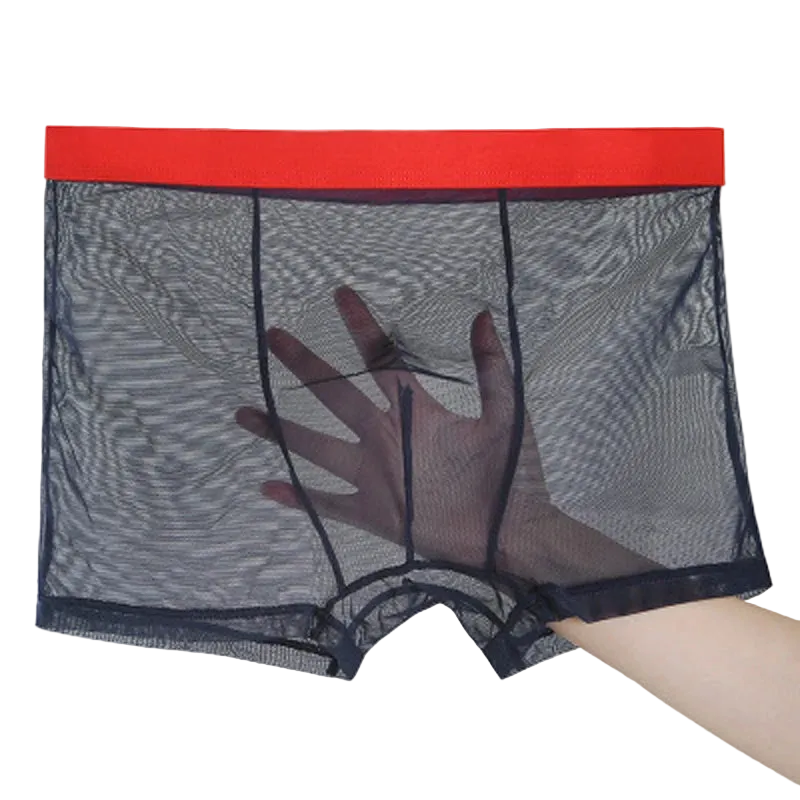 Black mesh underwear with red waistband on a white background
