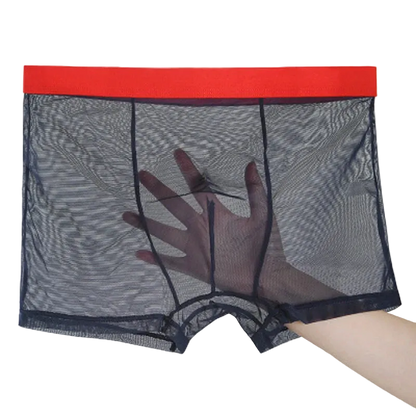 Black mesh underwear with red waistband on a white background