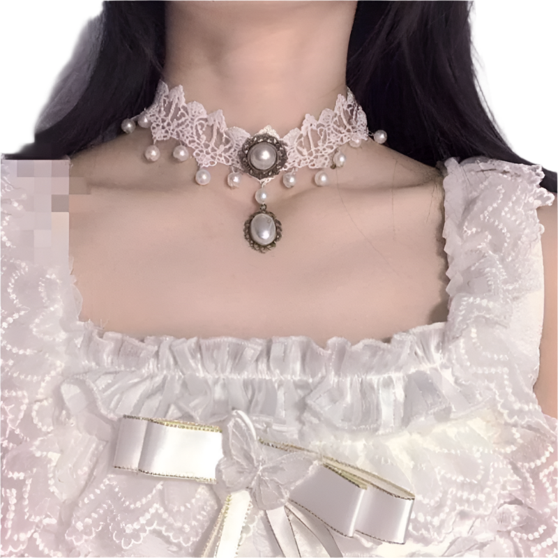 White lace choker with pearl accents and tassel details - perfect for alternative resort brides and theme nights