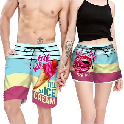 Couples Matching Flirty Message Beach Shorts featuring playful design, perfect for adult resort theme nights