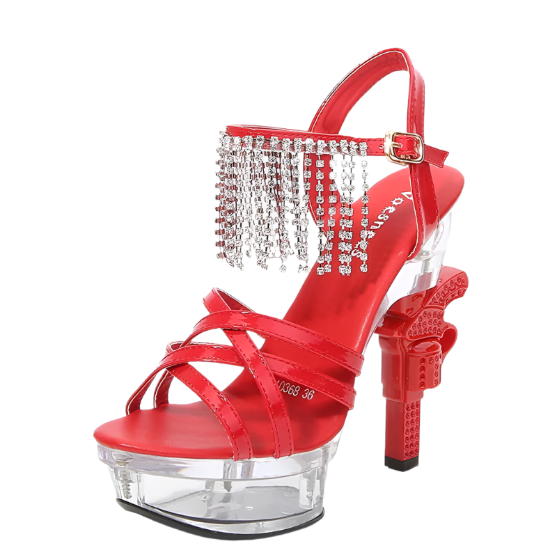 Platform glitter sandals with glowing crystal and pistol heel design featuring 14cm cross-tied high heels in plus size 43 perfect for resort glamour and shimmer styling
