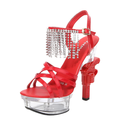 Platform glitter sandals with glowing crystal and pistol heel design featuring 14cm cross-tied high heels in plus size 43 perfect for resort glamour and shimmer styling
