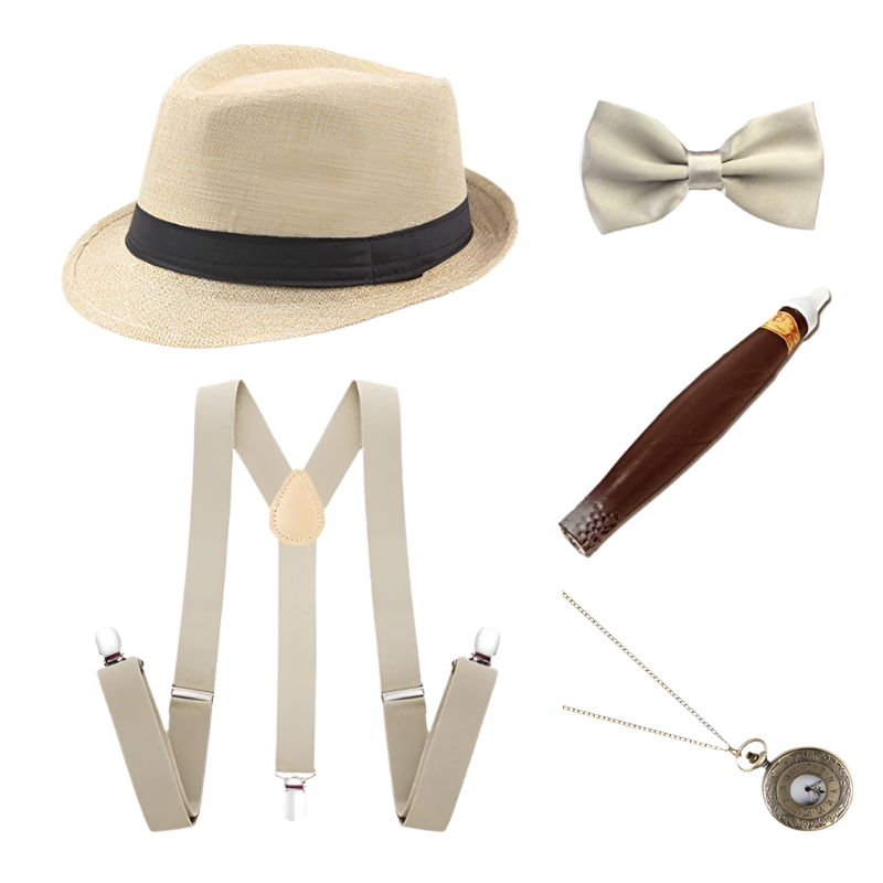 Men's Roaring 20s Gatsby accessories set with retro gangster style for resort theme nights

