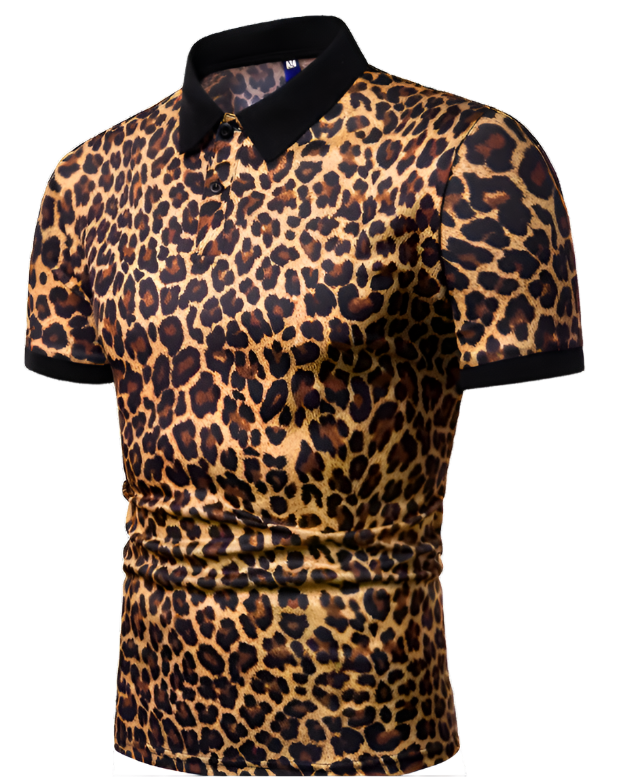 Slim fit leopard print polo shirt with turn-down collar, perfect for summer resort wear

