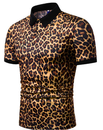 Slim fit leopard print polo shirt with turn-down collar, perfect for summer resort wear

