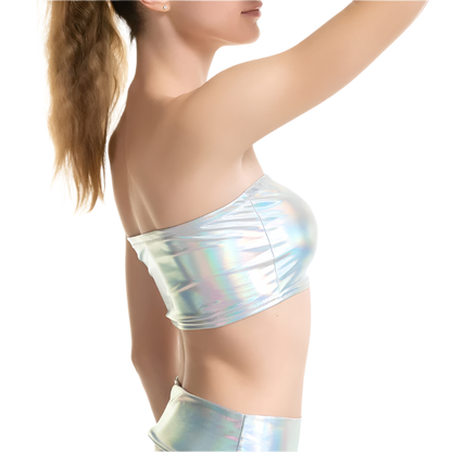 Holographic two-piece set with shiny wet look strapless crop top and sexy hot panty metallic tube top shorts for festival clubwear resort entertainment