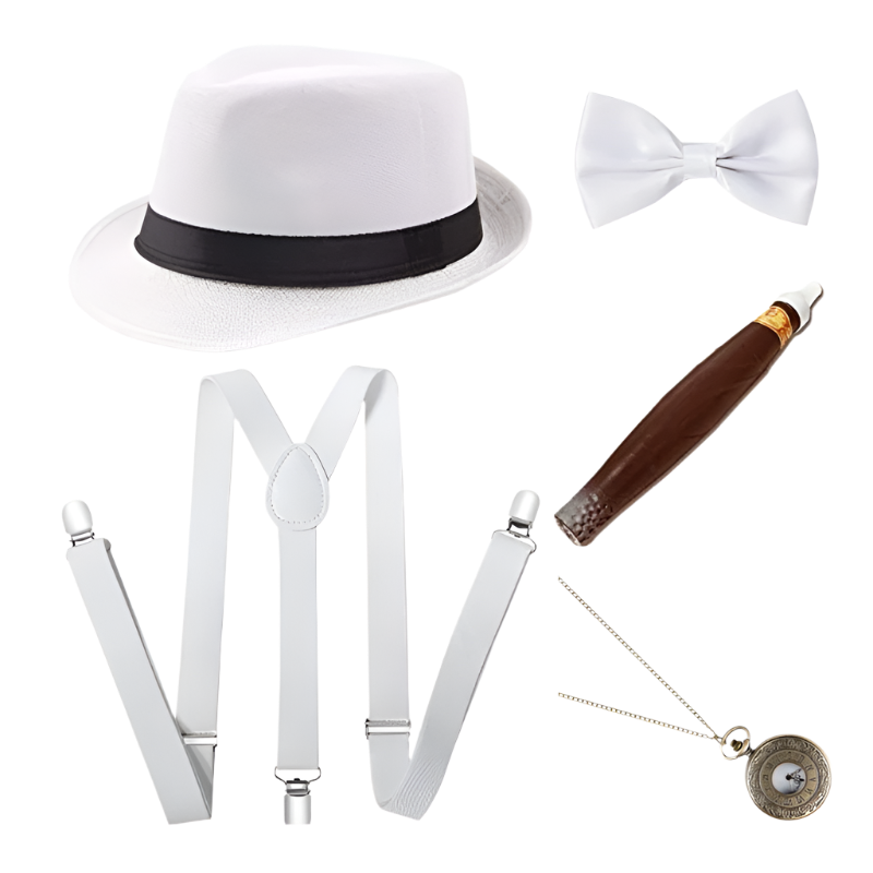 Men's Roaring 20s Gatsby accessories set with retro gangster style for resort theme nights

