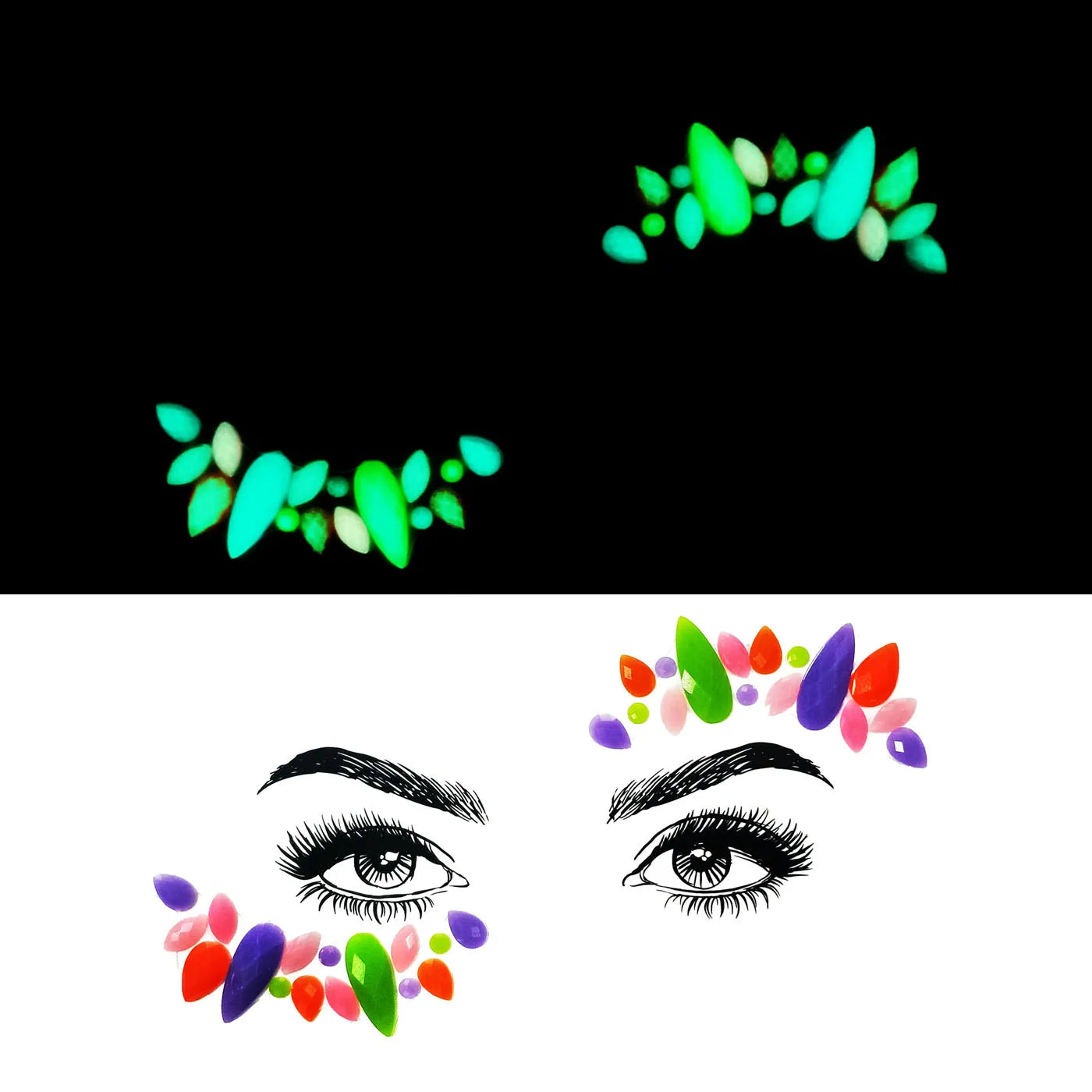 Colorful eye makeup designs on a black and white background