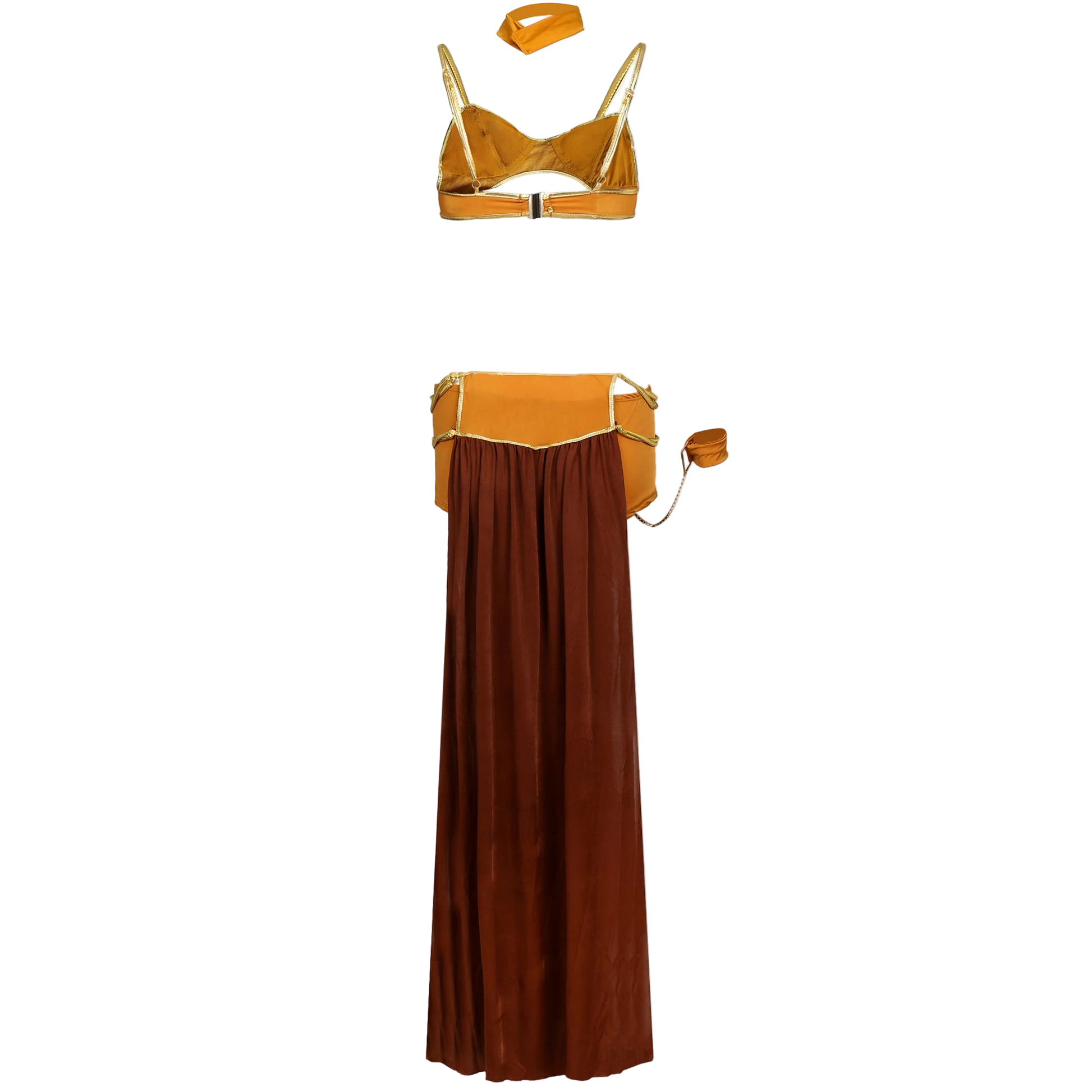 Yellow bikini top and brown skirt set on a white background