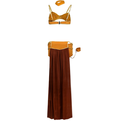 Yellow bikini top and brown skirt set on a white background