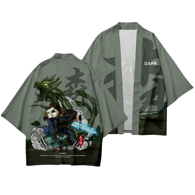 Green kimono-style garment with a character and dragon design on the front, brand 'Dark' visible on the back.