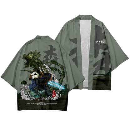 Green kimono-style garment with a character and dragon design on the front, brand 'Dark' visible on the back.